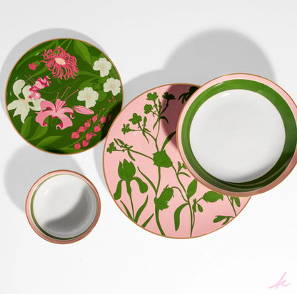 The Notebook Dinner Set displayed together, featuring elegant pink and green floral prints, perfect for creating a romantic atmosphere at any meal.