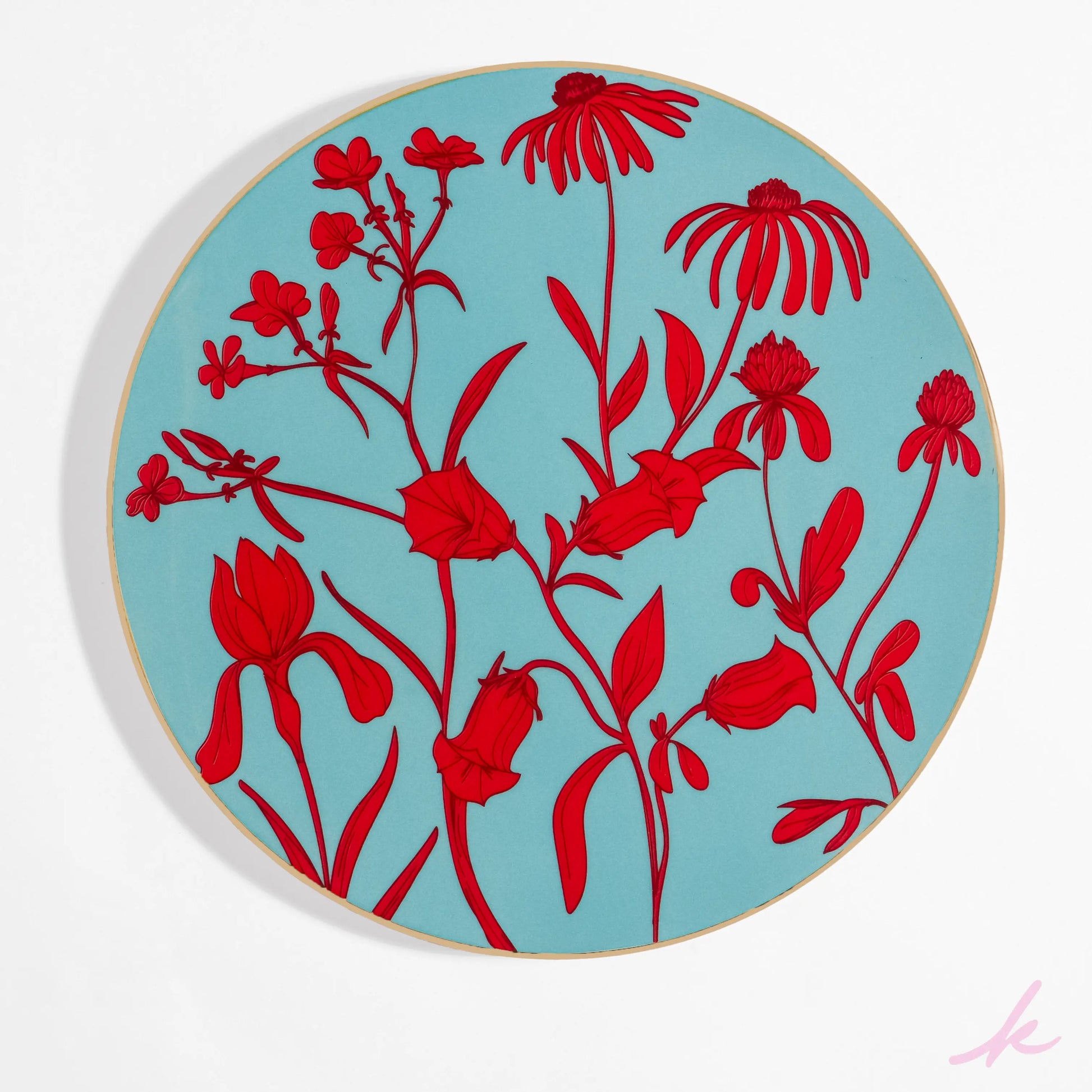 Rebel Roots dinner plate with dynamic blue and red floral patterns, perfect for adding a touch of boldness and elegance to your dining experience.