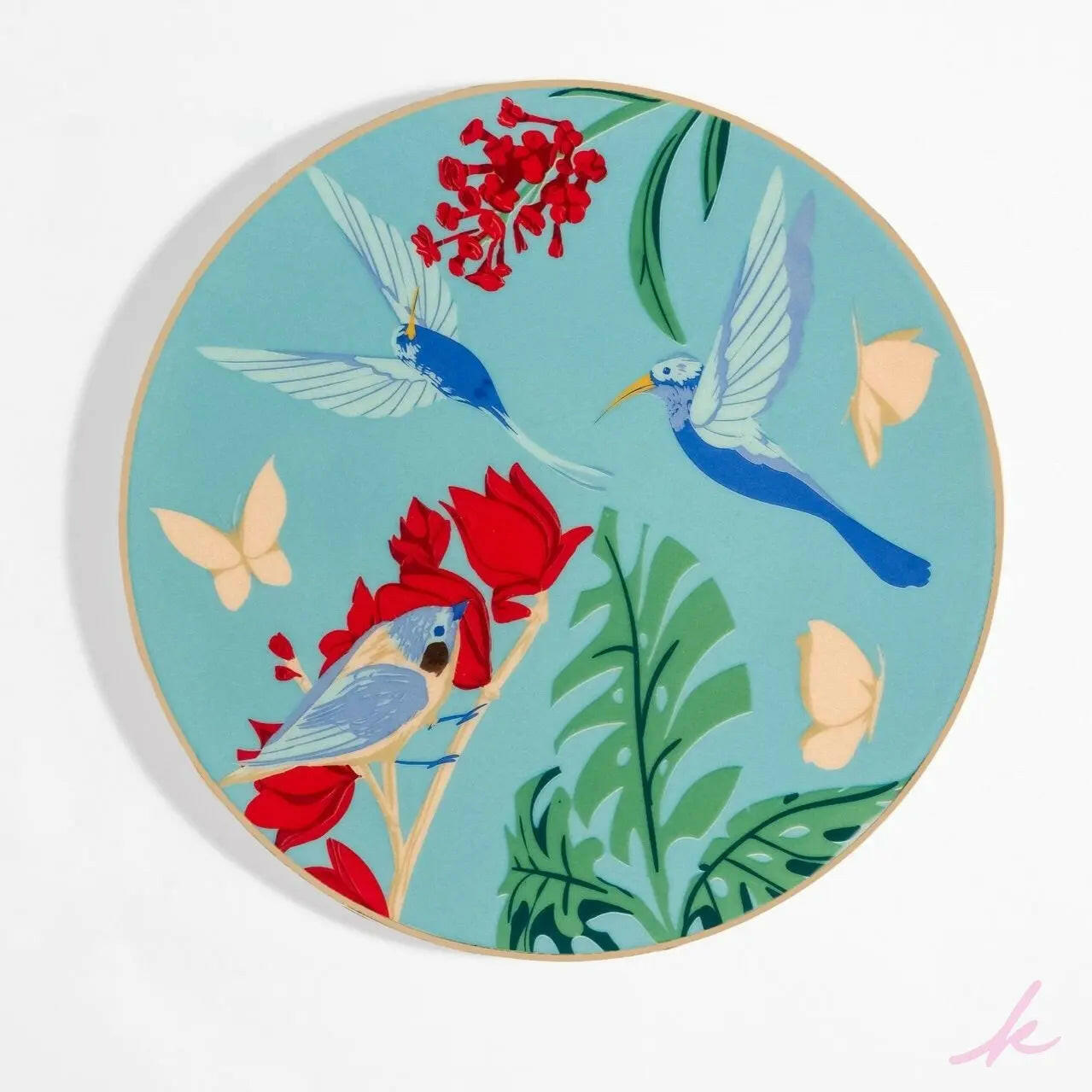 Rebel Roots dessert plate showcasing a beautifully detailed hummingbird design in striking blue and red, adding flair and elegance to any sweet treat.